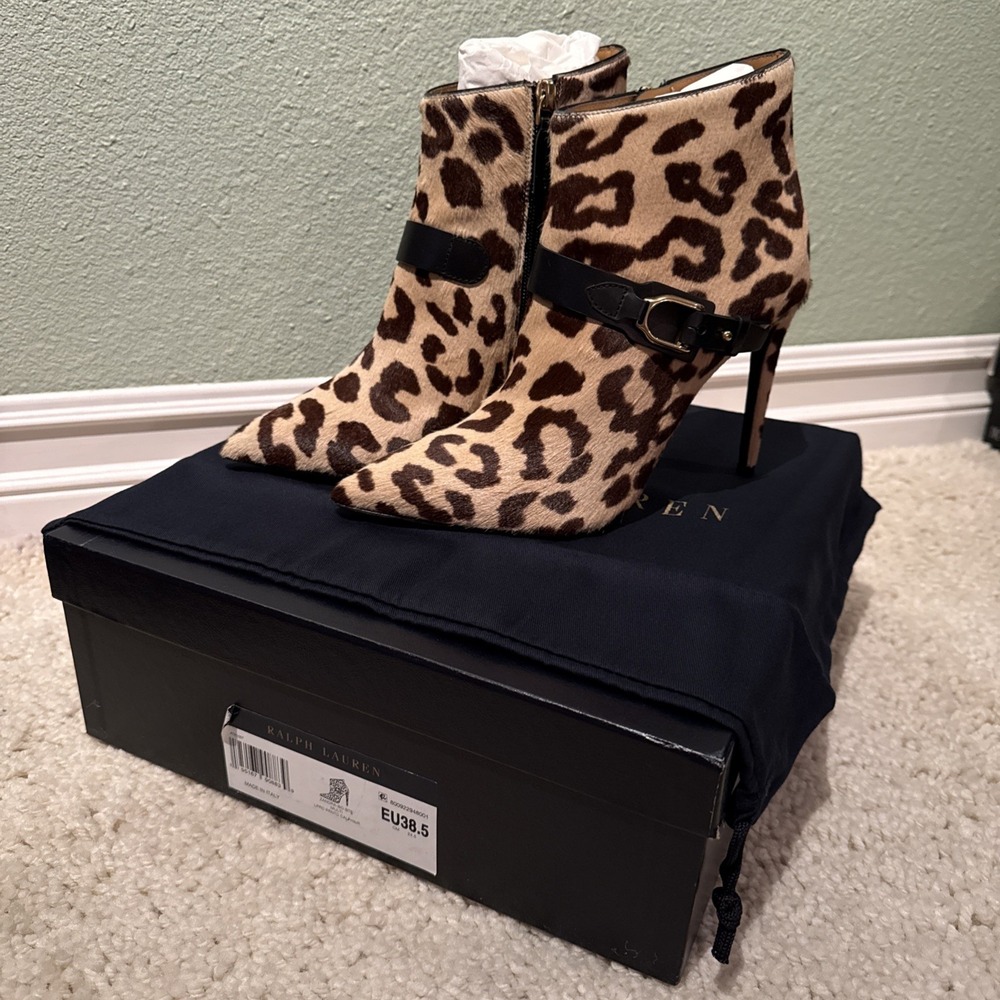 RALPH LAUREN PURPLE LABEL Zandra WOMENS Leopard Print Calf Hair Bootie 38.5/8